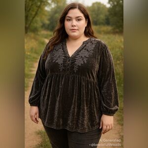 TORRID Velvet Babydoll Embroidered Blouse 2X — Gray Plum Boho Romance